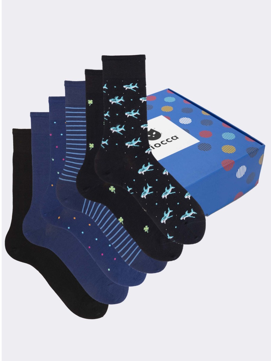 Geschenkbox mit 6 Paar gemusterten Herren-Kurzsocken aus frischer Baumwolle