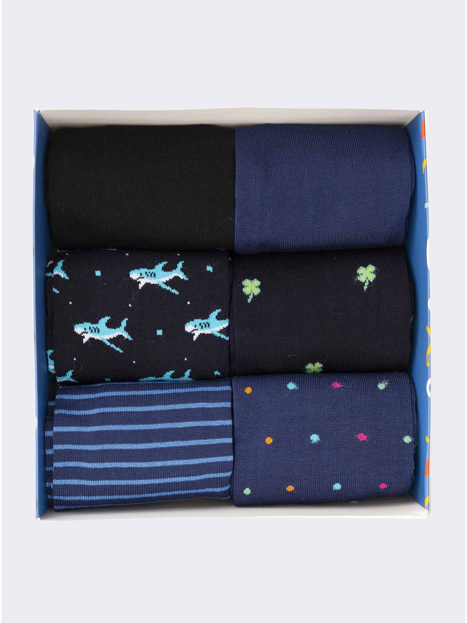 Geschenkbox mit 6 Paar gemusterten Herren-Kurzsocken aus frischer Baumwolle