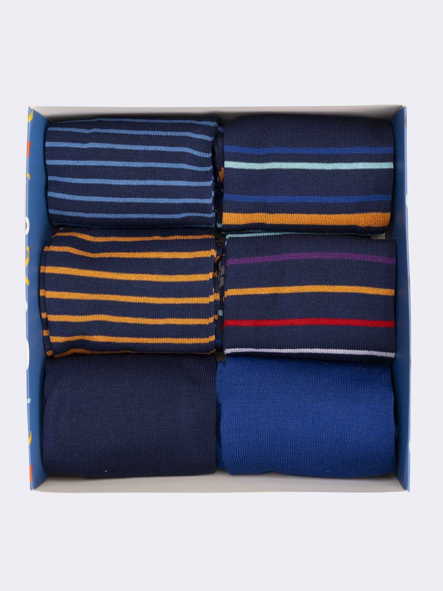 Gift Box of 6 Pairs of Men's Short Socks with Mix Stripes Pattern in Cool Cotton