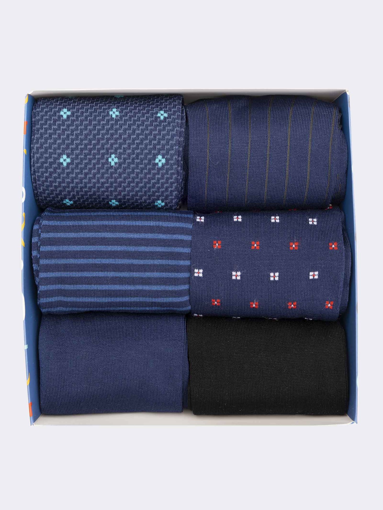 Gift Box with 6 Pairs of Elegant Long Men's Patterned Socks in Fresh Cotton