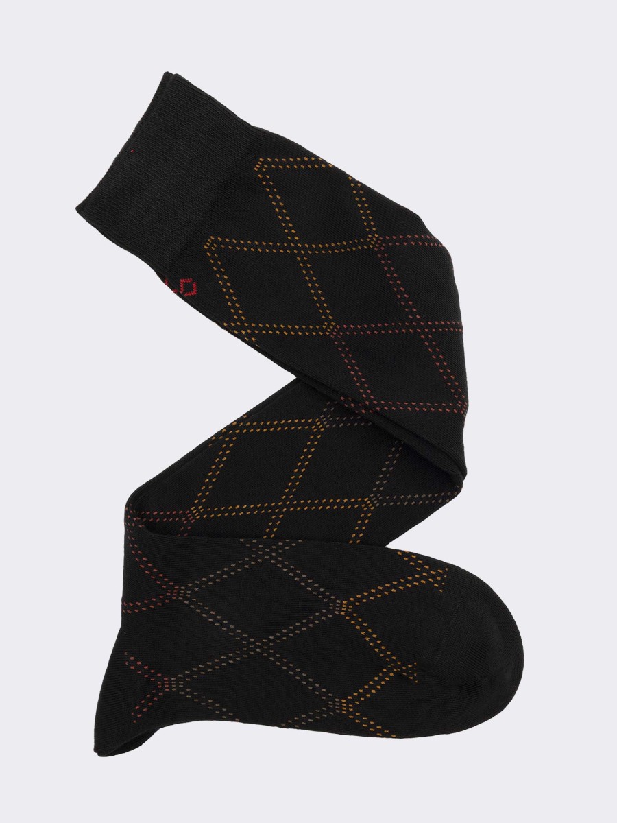 Men's Knee-High Socks with Diamond Pattern in Warm Cotton - Made in Italy