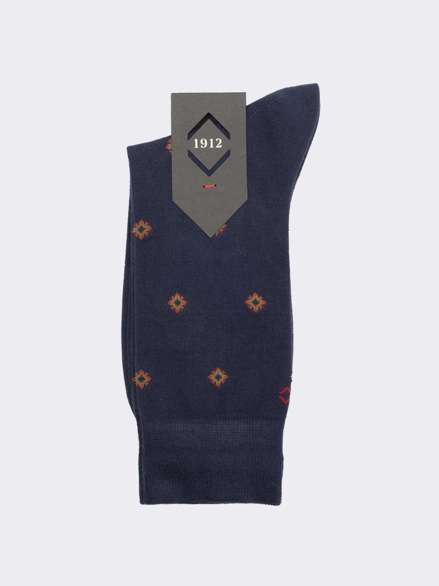 Men's Long Socks with Mini Rhombus in Warm Cotton - Made in Italy