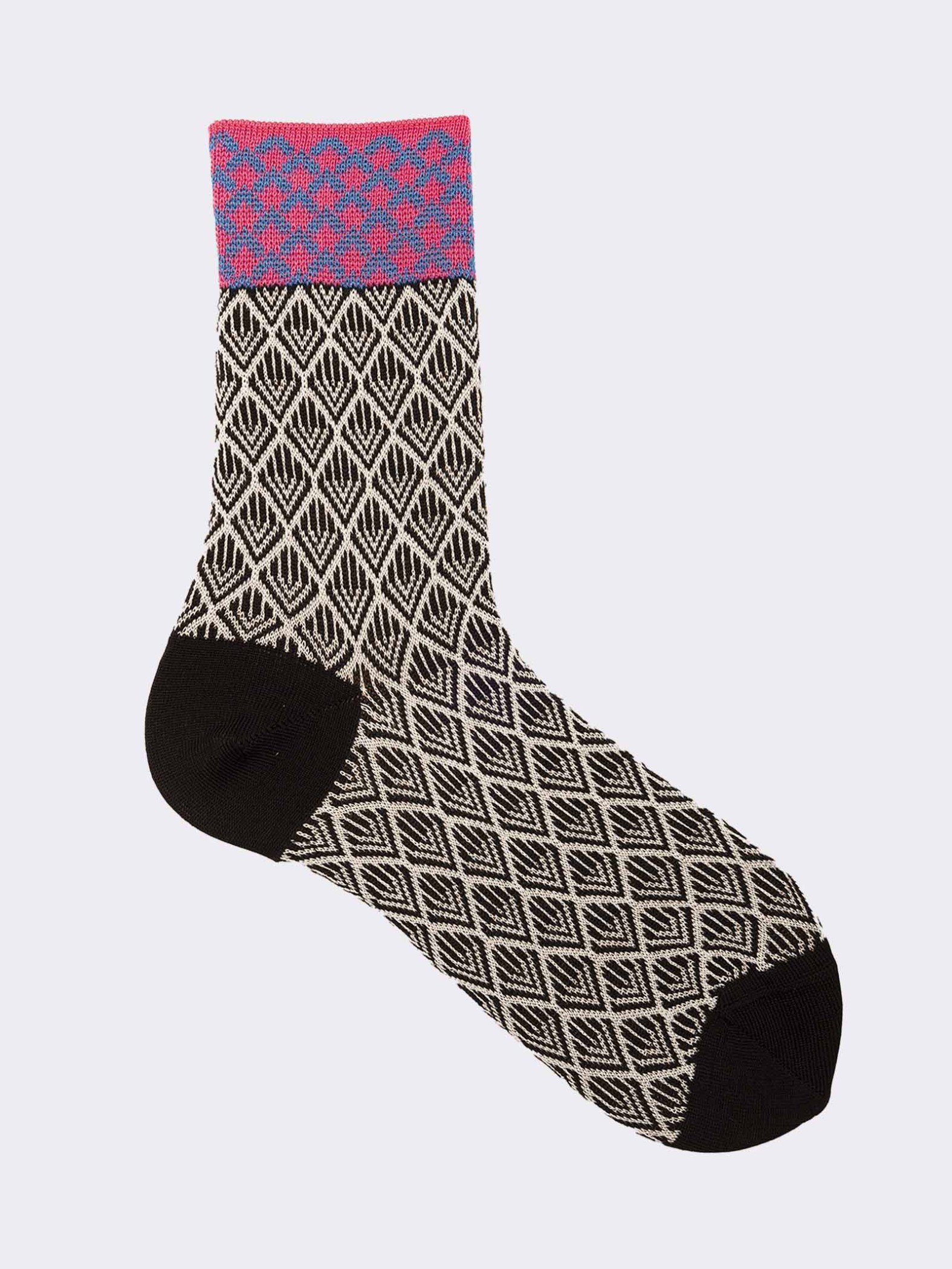 Kurze Damensocken mit geometrischem Muster aus frischer Baumwolle - Hergestellt in Italien