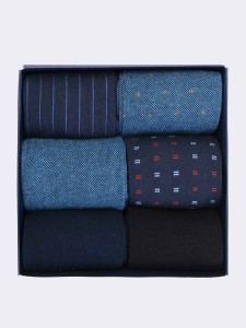 Men's Warm Cotton Socks Gift Box, 6 Pairs Classic Blue Mix Patterns