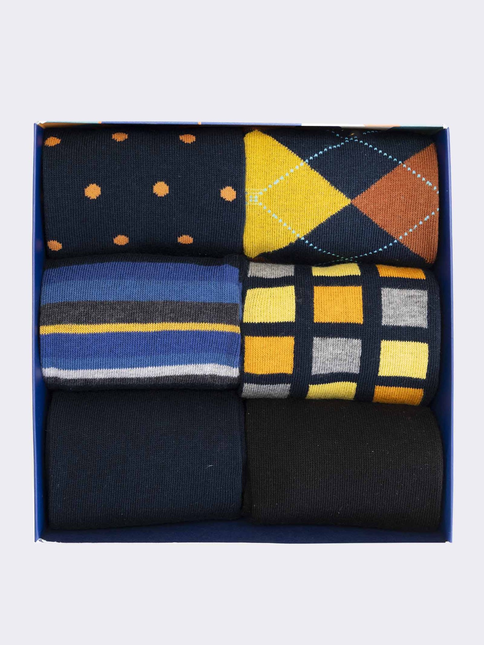 Men's Warm Cotton Socks Gift Box, 6 Pairs with Geometric Patterns